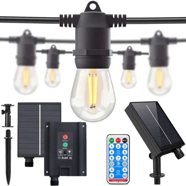 Päikesepatareiga aiavalgustid/valguskett, IP44, 15x LED-pirnid XL ,E27,15m + kaugjuhtimispult