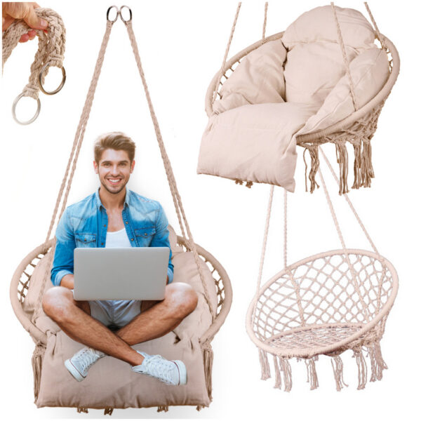 Hanging-chair-swing-seat-with-cushion-XXL-ecru-150kg-166672 Võrktool/Ripptool suure padjaga,beez-ecru.2tk tasuta kulleriga koju!