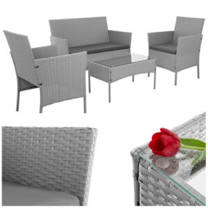 Aiamööbli komplekt 2 tooli, diivan, klaasiga laud ja padjad.Helehall.