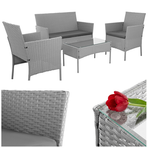 Aiamööbli komplekt 2 tooli, diivan, klaasiga laud ja padjad.Helehall.