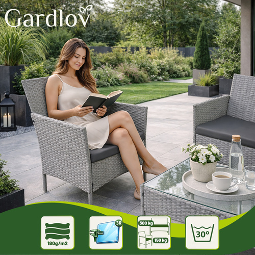 Aiamööbli komplekt 2 tooli, diivan, klaasiga laud ja padjad.Helehall.