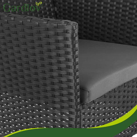 Aiamööbli komplekt 2 tooli, diivan, klaasiga laud ja padjad.Must.