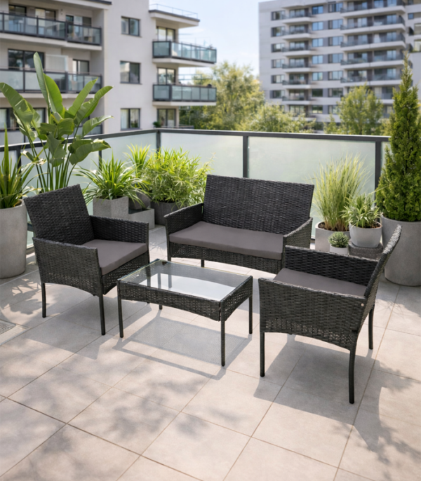 Aiamööbli komplekt 2 tooli, diivan, klaasiga laud ja padjad.Must.Tasuta kulleriga koju!