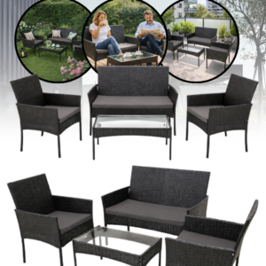 69cbae74d2b504fd8fbeee80_MINIATURKA Aiamööbli komplekt 2 tooli, diivan, klaasiga laud ja padjad.Must.Tasuta kulleriga koju!