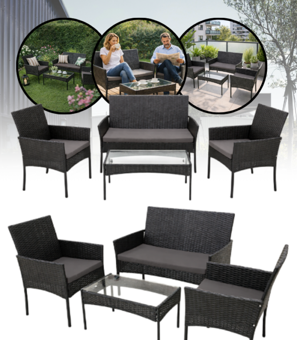 Aiamööbli komplekt 2 tooli, diivan, klaasiga laud ja padjad.Must.Tasuta kulleriga koju!