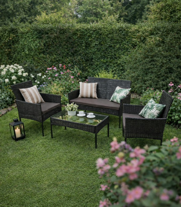 Aiamööbli komplekt 2 tooli, diivan, klaasiga laud ja padjad.Must.Tasuta kulleriga koju!