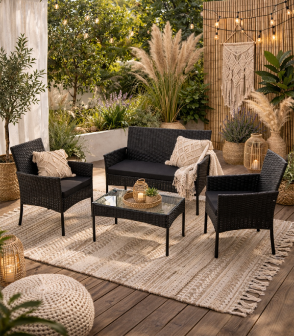 Aiamööbli komplekt 2 tooli, diivan, klaasiga laud ja padjad.Must .Tasuta kulleriga koju!