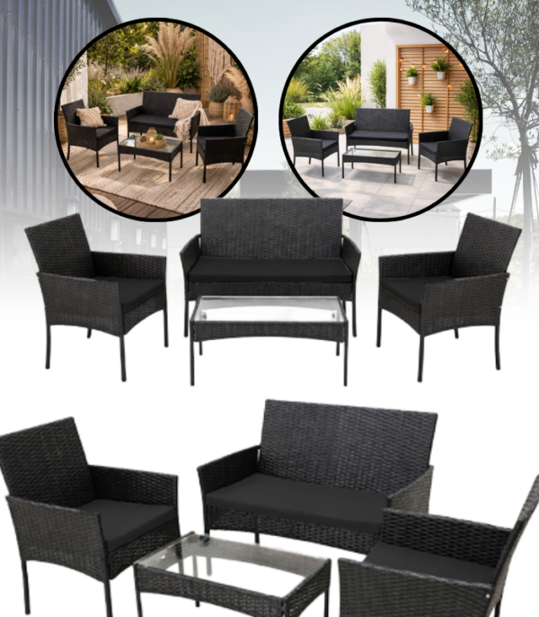 Aiamööbli komplekt 2 tooli, diivan, klaasiga laud ja padjad.Must .Tasuta kulleriga koju!