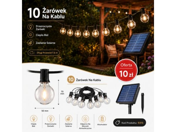 Päikesepatareiga aiavalgustid/valguskett, IP44, 10x LED-pirnid XL ,7,5m.soe valge.