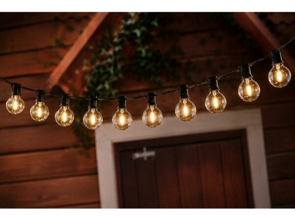 Päikesepatareiga aiavalgustid/valguskett, IP44, 10x LED-pirnid XL ,7,5m.soe valge.