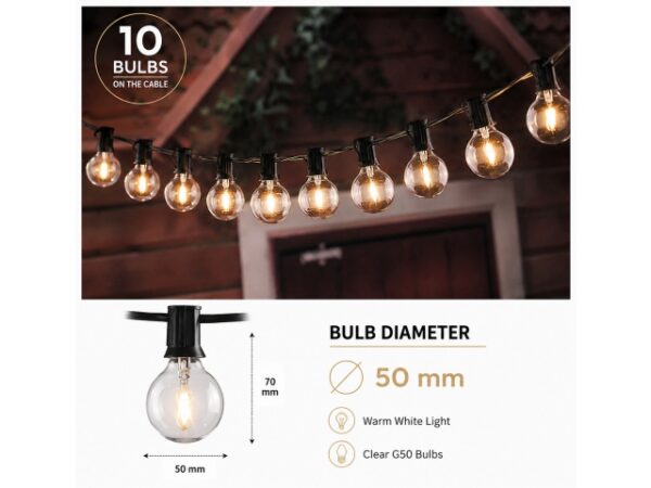 Päikesepatareiga aiavalgustid/valguskett, IP44, 10x LED-pirnid XL ,7,5m.soe valge.
