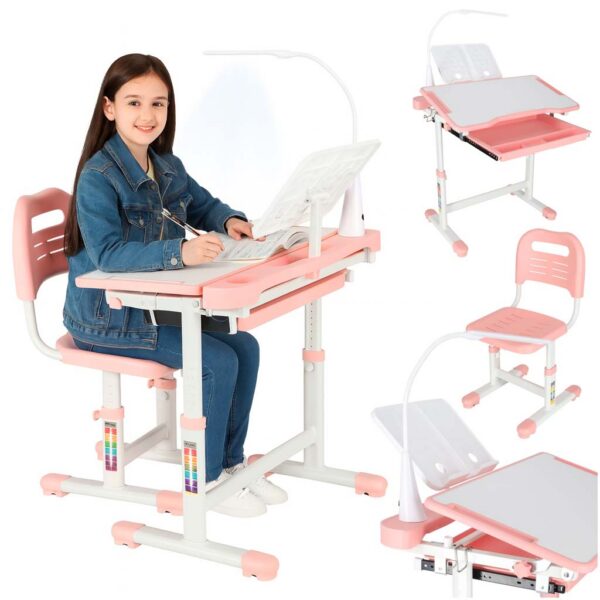 Laste koolilaud, reguleeritav tool, LED-lamp, USB, roosa.