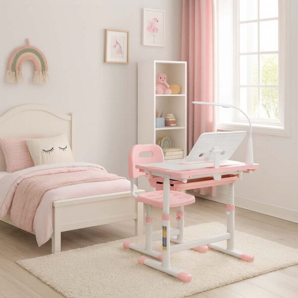 Laste koolilaud, reguleeritav tool, LED-lamp, USB, roosa.