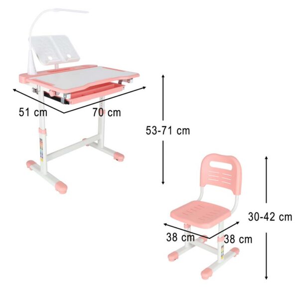 Laste koolilaud, reguleeritav tool, LED-lamp, USB, roosa.