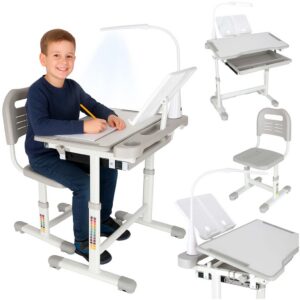 Children-s-school-desk-adjustable-chair-LED-lamp-USB-grey-175577 Laste koolilaud, reguleeritav tool, LED-lamp, USB, Hall.