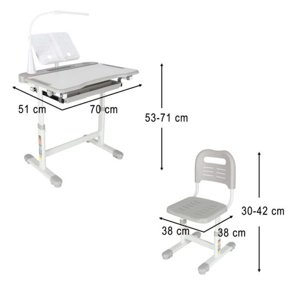 Children-s-school-desk-adjustable-chair-LED-lamp-USB-grey-175589 Laste koolilaud, reguleeritav tool, LED-lamp, USB,Valge.