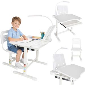 Children-s-school-desk-adjustable-chair-LED-lamp-USB-white-181606 Laste koolilaud, reguleeritav tool, LED-lamp, USB,Valge.